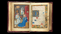 Folios 8v-9r, The Annunciation (Matins) / full-page border Book of Hours, Simon Bening (Netherlandish, Ghent (?) 1483/84–1561 Bruges), Tempera, gold, and ink on parchment; modern red leather binding, Netherlandish