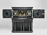 Cabinet, Oak and poplar wood veneered with ebony; ivory; stained ivory; bone, and various marquetry woods, including kingwood and amaranth; ebonized pearwood; gilt-bronze capitals and bases; plated-iron hardware, French, Paris